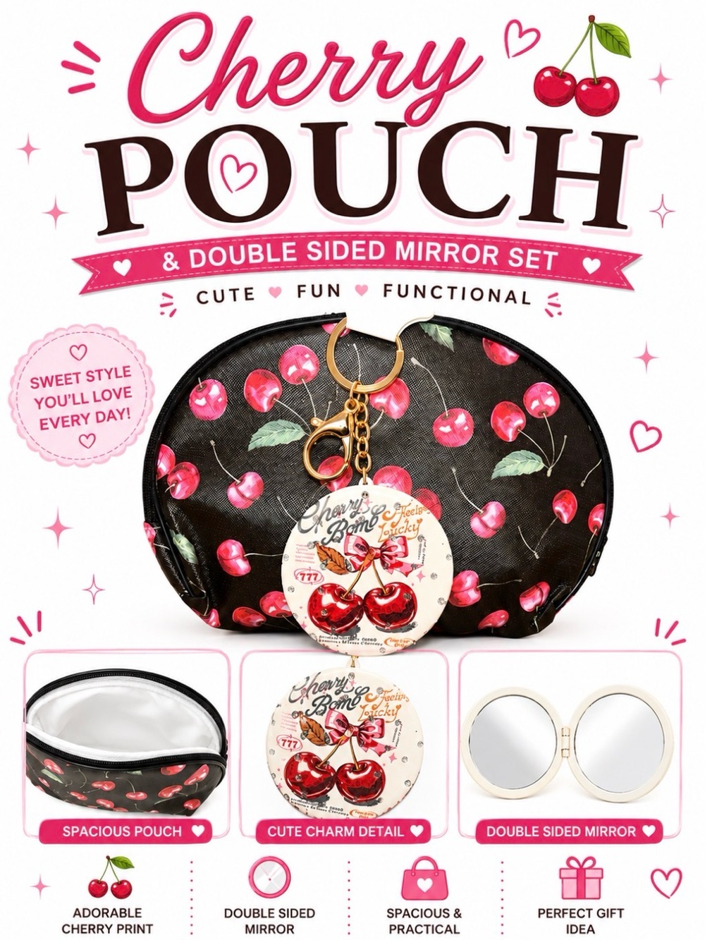 CHERRY COSMETIC BAG POUCH & DOUBLE SIDED MIRROR SET